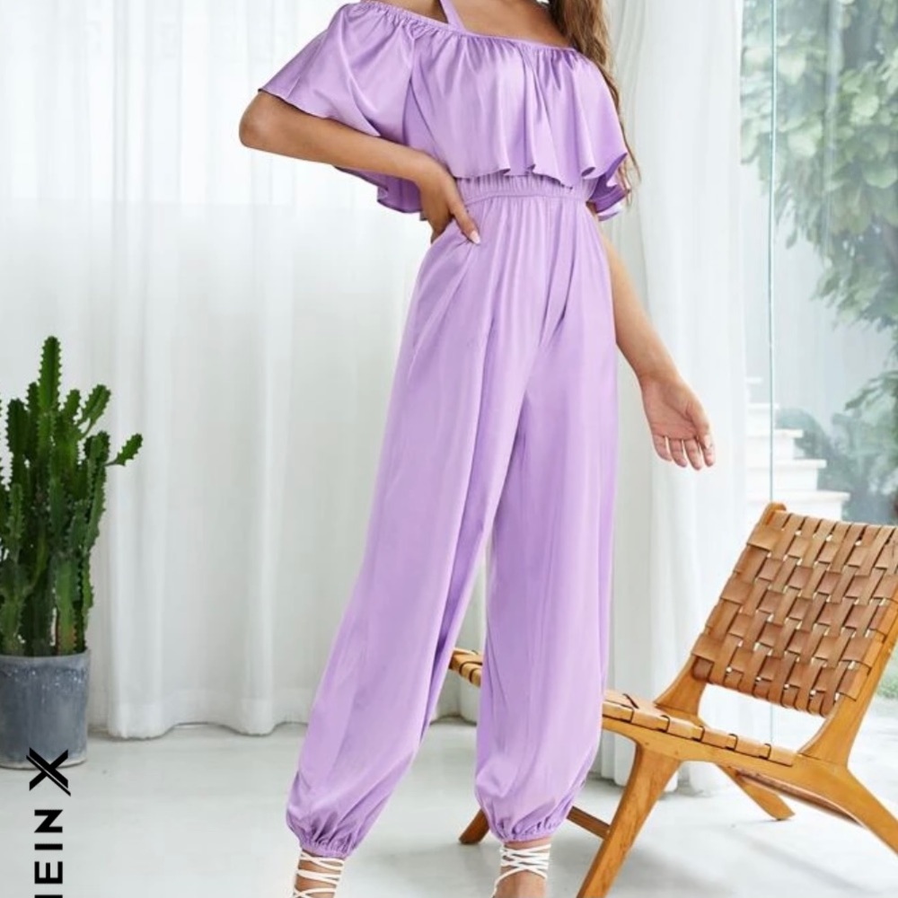 BNIB Lavender Cold Shoulder Ruffle Detail Jumpsuit